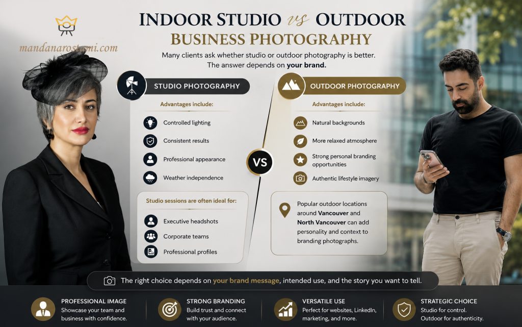 Studio vs outdoor business photography comparison